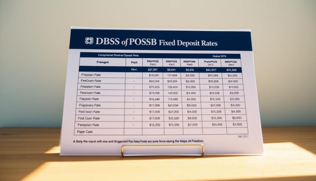 A crisp and professional-looking financial document showcasing the current DBS/POSB fixed deposit rates. The document is displayed on a wooden desk, with a clean and minimalist background. The lighting is bright and natural, casting subtle shadows and highlights on the document. The angle is slightly elevated, giving a sense of authority and attention to detail. The rates are presented in a clear, easy-to-read format, with prominent headings and organized columns. The overall mood is one of clarity, reliability, and trustworthiness, reflecting the reputation of DBS/POSB as a leading financial institution in Singapore.
