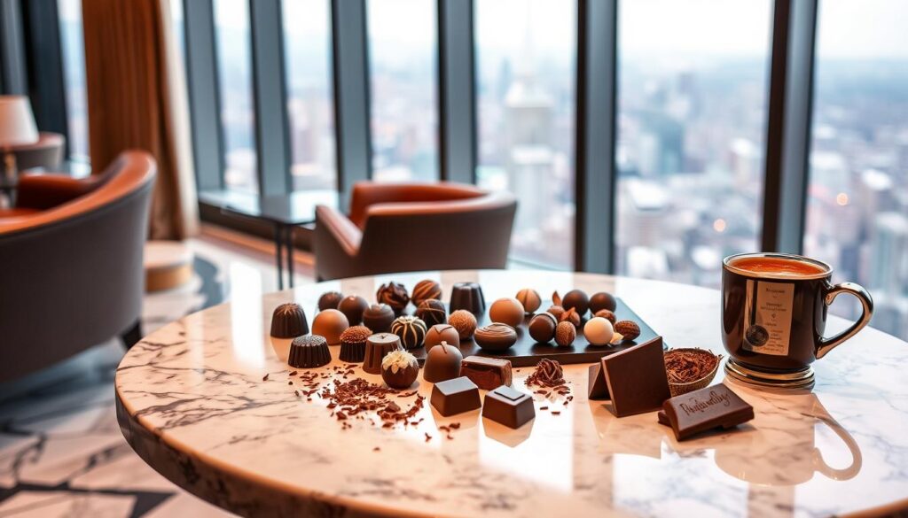 A decadent, luxurious chocolate experience in a sophisticated hotel lounge. An elegant marble-topped table is adorned with an artful display of handcrafted chocolates in various shapes and flavors, accompanied by delicate chocolate shavings and a glass of rich, velvety hot chocolate. Warm, inviting lighting casts a soft glow, creating an atmosphere of indulgence and relaxation. In the background, a floor-to-ceiling window offers a panoramic view of the bustling city skyline, adding a touch of urban sophistication. The scene evokes a sense of refined opulence, perfect for a refined staycation experience.
