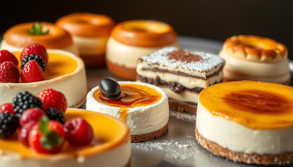 A delectable arrangement of creamy desserts, meticulously crafted with premium ingredients. In the foreground, a decadent cheesecake with a silky smooth texture, adorned with a vibrant array of fresh berries. Alongside it, a luscious crème brûlée with a caramelized crust, its golden hue glistening under warm, soft lighting. In the middle ground, an elegant tiramisu layered with coffee-infused sponge and mascarpone, dusted with a light cocoa powder. In the background, a trio of creamy custard-filled pastries, their golden-brown crusts complementing the overall opulent scene. The entire composition exudes an air of indulgence and sophistication, inviting the viewer to savor the decadent flavors of Temptations Cakes' exemplary fruit cakes.