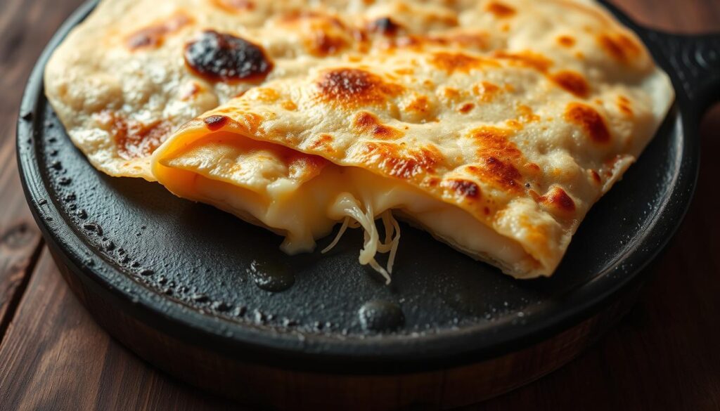 A delectable cheese-filled prata, freshly cooked on a cast-iron griddle. The flaky, golden-brown crust glistens under warm, soft lighting, revealing a cross-section of the molten, stringy cheese filling within. The prata is laid atop a rustic wooden surface, framed by a minimalist background that emphasizes its simple yet indulgent nature. The composition captures the alluring texture and mouthwatering appeal of this unique prata variety, enticing the viewer to savor its flavors.
