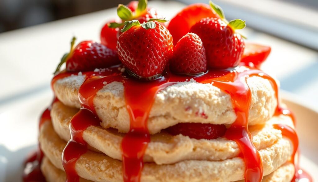 A delectable close-up of Chef Yamashita's exquisite strawberry shortcake, showcasing his signature Japanese artisanry. Lush, ripe strawberries crown a fluffy sponge cake, dusted with powdered sugar and accented by a drizzle of glossy fruit coulis. Soft natural lighting casts a warm, inviting glow, highlighting the cake's intricate textures and precise presentation. The image is framed from a low angle, drawing the viewer's eye to the careful construction and attention to detail that defines Chef Yamashita's culinary mastery. An aura of elegance and refinement pervades the scene, evoking the excellence of Japanese pastry traditions.