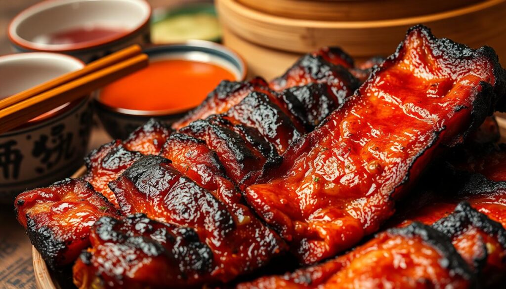 A delectable close-up of perfectly charred Char Siew, the quintessential Singaporean roast meat delicacy. The glistening, caramelized exterior reveals a succulent, melt-in-your-mouth interior. Juicy slices arranged artfully against a backdrop of traditional Chinese ceramic bowls, chopsticks, and a bamboo steamer, evoking the authentic hawker center ambiance. Warm, soft lighting illuminates the dish, highlighting its tantalizing textures and rich, umami-packed flavors. The overall scene exudes the comforting, homely essence of Singapore's vibrant food culture.