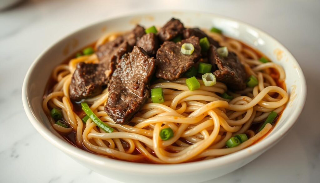A delectable dish of beef hor fun, its broad, silky noodles glistening under the soft, warm light. Tender slices of beef, seared to perfection, nestle amidst the noodles, infusing the dish with their savory essence. Crisp bean sprouts and vibrant green onions add texture and freshness, while a rich, umami-packed sauce coats every strand, elevating the flavors. The scene is framed by a clean, minimalist table setting, allowing the star of the show - the beef hor fun - to take center stage. An appetizing, mouthwatering composition, capturing the quintessential flavors and textures of this beloved Singaporean hawker classic.