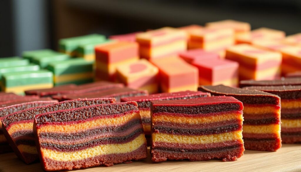 A delectable display of Singapore's finest kueh lapis, meticulously crafted with layers of vibrant colors and intricate textures. In the foreground, an assortment of expertly sliced kueh lapis showcases their rich, dense crumb and glossy, mirror-like surface. The middle ground features a selection of the delicacies, each with its own distinct hue and pattern, inviting the viewer to imagine their flavors. The background is softly blurred, emphasizing the main subjects and creating a sense of depth and focus. Warm, natural lighting casts subtle shadows, accentuating the depth and dimension of the layered cakes. The overall mood is one of indulgence, sophistication, and the celebration of Singapore's renowned kueh lapis tradition.