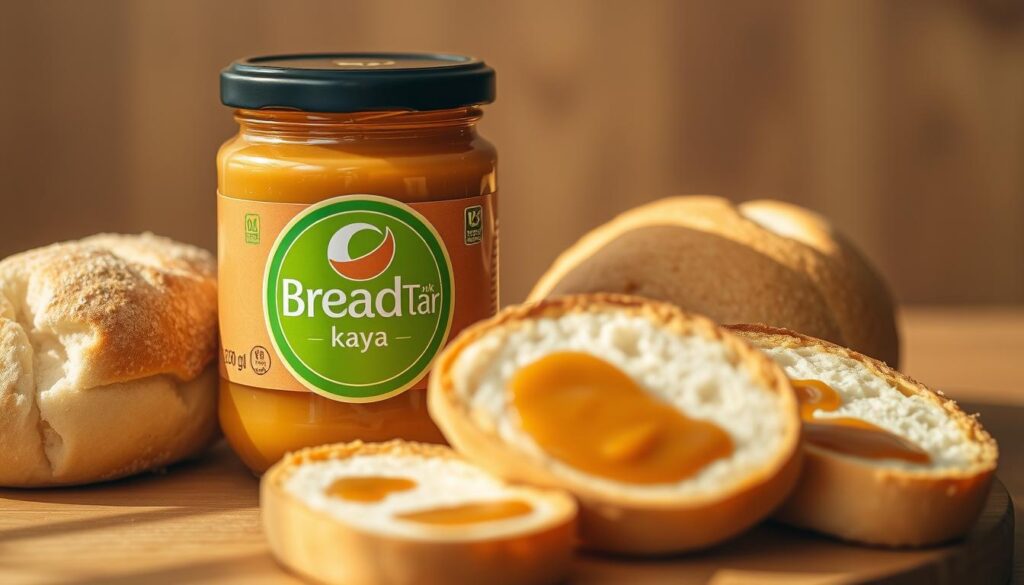 A delectable jar of BreadTalk's signature kaya spread, resting atop a wooden table. The jar's label prominently displays the BreadTalk logo, its vibrant green hue accentuating the warm, golden-brown hue of the kaya within. Soft, fluffy slices of freshly baked bread surround the jar, inviting the viewer to imagine the perfect pairing of the rich, coconut-infused spread and the pillowy texture of the bread. Warm, natural lighting casts a soft, cozy glow over the scene, creating an atmosphere of comfort and indulgence. The composition is simple yet elegant, focusing the viewer's attention on the star of the show - the irresistible BreadTalk kaya spread.