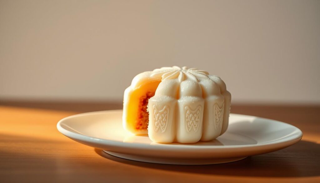 A delectable snowskin mooncake rests on a sleek white plate, its translucent exterior revealing a luscious filling within. Soft, moist, and glistening, the mooncake is illuminated by warm, diffused lighting, casting gentle shadows that accentuate its elegant, spherical shape. The background is a serene, minimalist setting, allowing the mooncake to take center stage and shine as the star of this captivating dessert composition. Captured with a shallow depth of field, the image invites the viewer to savor the intricate details and textures of this exquisite Singaporean delicacy.