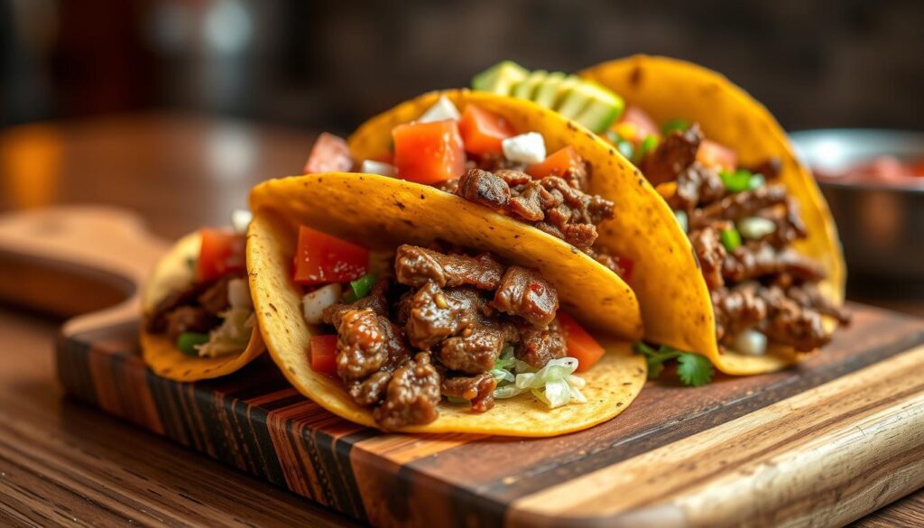 A delectable stack of freshly grilled beef tacos, nestled on a wooden board. The taco shells, made of crisp golden corn, are filled with juicy, flavorful beef seasoned with a blend of fragrant Mexican spices. Vibrant toppings, such as diced tomatoes, shredded lettuce, and a dollop of creamy avocado, add a burst of color and texture. The lighting is warm and inviting, casting a soft glow over the scene, while the camera angle captures the tacos from a slightly elevated perspective, showcasing their mouthwatering presentation. The overall atmosphere evokes the vibrant, authentic Mexican cuisine experience, inviting the viewer to savor the savory and satisfying flavors of Senor Taco.