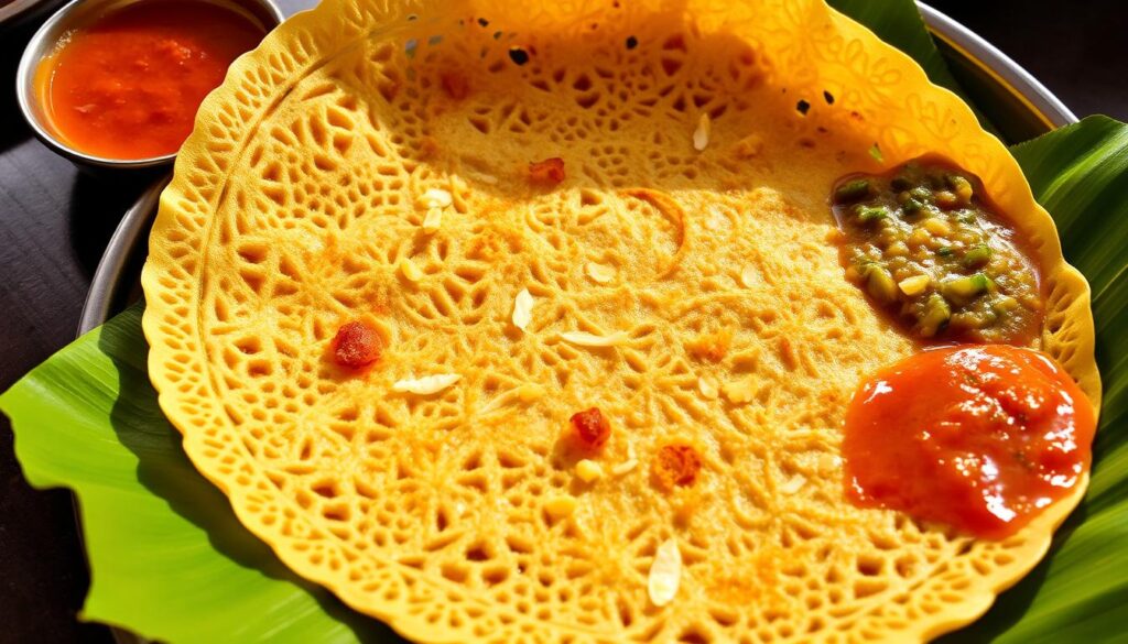 A delicate, golden-brown paper thosai, freshly prepared at the legendary Madras New Woodlands Restaurant in Singapore. The thosai's thin, crisp texture is illuminated by warm, natural lighting, casting a soft glow across the intricate folds and delicate lace-like patterns. The thosai is served on a traditional banana leaf, accompanied by a trio of vibrant chutneys - a fiery red sambar, a tangy coconut chutney, and a refreshing mint-coriander chutney. The scene evokes the authentic flavors and ambiance of a beloved South Indian eatery, transporting the viewer to the bustling streets of Chennai.