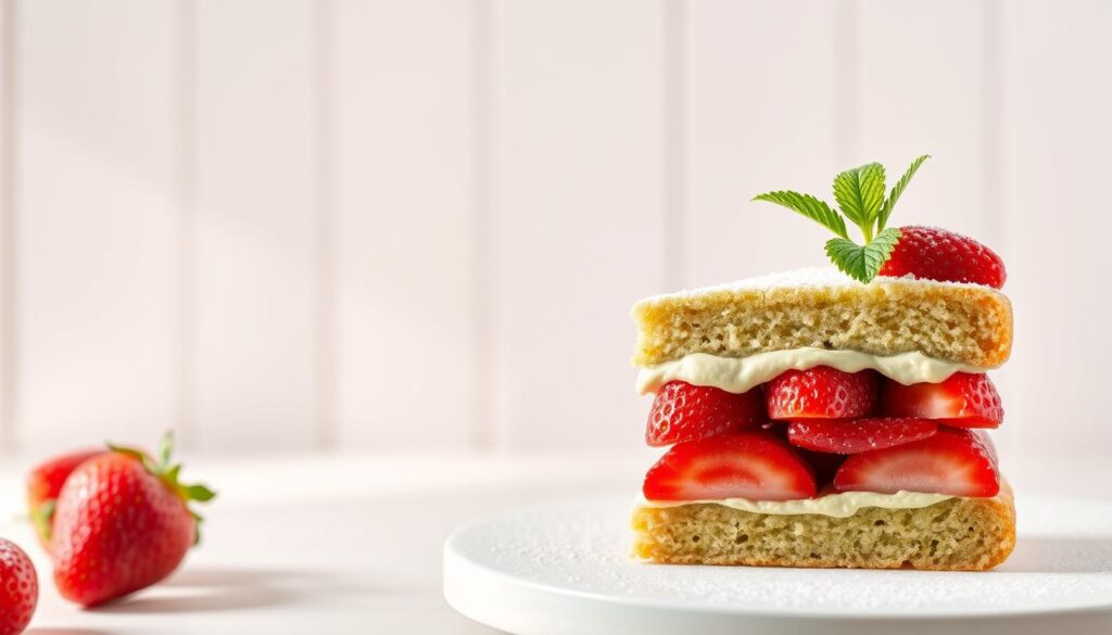A delicate, mouth-watering slice of dulcet studio matcha strawberry shortcake set against a soft, pastel backdrop. In the foreground, a golden sponge cake layered with vibrant pink strawberries and a light, creamy matcha frosting. Garnished with a dusting of powdered sugar and a sprig of fresh mint, exuding an aura of elegant simplicity. The middle ground features a minimalist, light-filled studio setting with clean white walls and natural wood accents, creating a serene, inviting atmosphere. Soft, diffused lighting casts a warm, inviting glow, highlighting the dessert's alluring textures and colors. The overall composition conveys a harmonious fusion of classic and contemporary, Asian and Western influences - a delectable representation of the "Dulcet & Studio" concept.