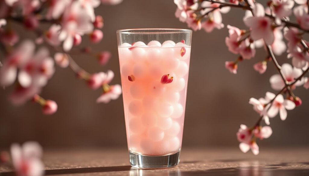 A delicate sakura blossom-infused crystal boba tea, glistening under soft, warm lighting. The translucent pearls float in a pale pink, subtly sweet liquid, accented by a sprinkling of fresh cherry blossom petals. The glass vessel's elegant silhouette is highlighted by a carefully positioned camera angle, drawing the viewer's eye to the captivating drink. Wispy, ethereal sakura branches frame the scene, creating a sense of serene, natural beauty. The overall mood is one of delicate, refined elegance, inviting the viewer to imagine the unique, floral-infused flavor of this specialty bubble tea.