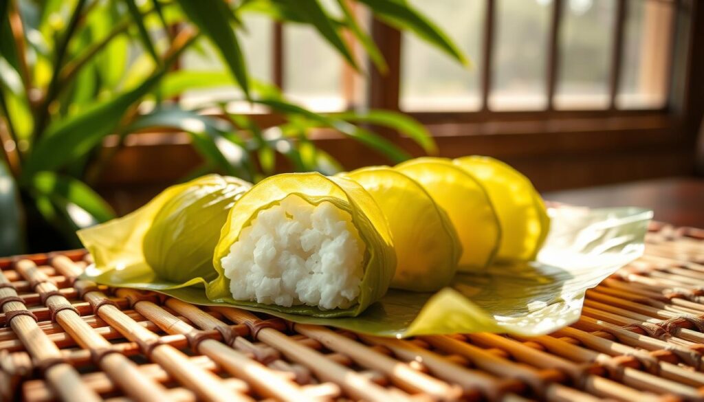 A delicate, traditional Malay kuih lopes, artfully arranged on a woven bamboo mat. The glossy, translucent pandan-infused layer envelops a soft, pillowy core of sweetened coconut. Sunlight filters through the window, casting a warm, golden glow and accentuating the intricate details of the kuih's intricate weave. The scene is framed by lush, verdant tropical foliage, hinting at the vibrant cultural heritage behind this beloved Malaysian delicacy. The overall mood is one of serene, mouthwatering elegance.