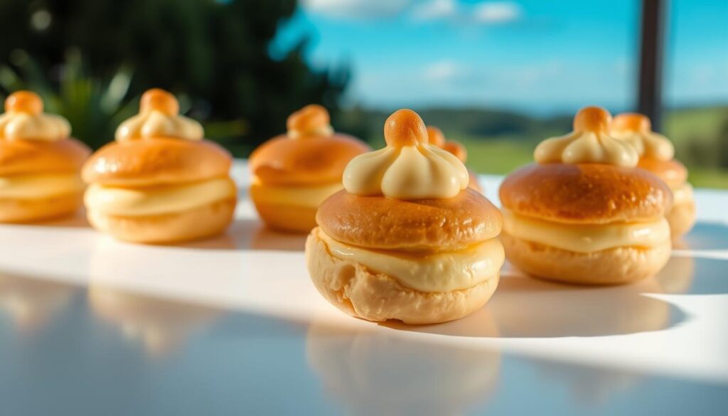 A delightful arrangement of cream puffs, freshly baked with golden, flaky pastry shells and a generous dollop of rich, creamy custard filling. The puffs are neatly displayed on a pristine white surface, illuminated by soft, natural lighting that casts gentle shadows and highlights the tempting textures. In the background, a blurred, dreamy landscape of lush greenery and a calming blue sky creates a serene, inviting atmosphere, accentuating the indulgent, mouthwatering appeal of the dessert. The scene exudes a sense of decadence and pleasure, perfectly capturing the essence of why cream puffs are a must-try delicacy.