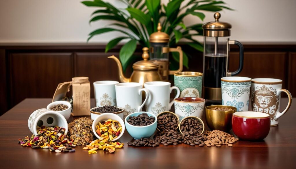 A delightful display of Singapore's finest tea and coffee gifts, artfully arranged on a sleek, wooden table. In the foreground, an assortment of colorful tea leaves and fragrant coffee beans spill out from elegant, hand-crafted ceramic containers. Surrounding them, a selection of traditional Peranakan-inspired mugs and tumblers, their intricate patterns reflecting the warm, diffused lighting. In the middle ground, a vintage brass kettle and a glass French press stand ready to brew the perfect cup, while in the background, a lush, tropical plant adds a touch of verdant charm. The overall scene exudes a sense of sophisticated simplicity, capturing the essence of Singapore's unique and captivating gift offerings.