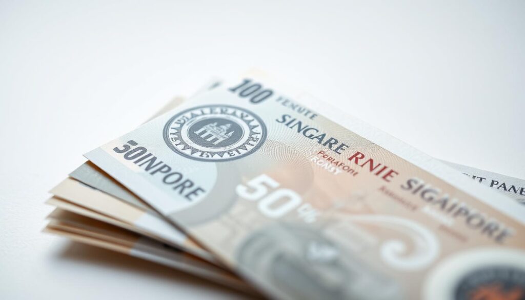 A detailed close-up of Singapore Savings Bonds, showcased against a clean, minimalist backdrop. The bonds are meticulously rendered, with their intricate designs and official seals capturing the essence of this secure investment option. The lighting is soft and directional, accentuating the texture and sheen of the paper. The composition places the bonds in the foreground, allowing them to take center stage, while the background remains subtly blurred, maintaining the focus on the financial instrument. The overall mood is one of professionalism, reliability, and financial stability, befitting the subject matter.