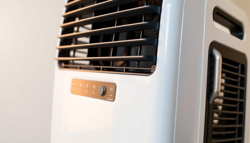 A detailed close-up of the key features of a modern, high-quality air cooler. The foreground showcases the sleek, minimalist design of the unit with a focus on the adjustable louvered vents, control panel, and sturdy carry handle. The middle ground highlights the powerful fan and cooling mechanism, conveying a sense of efficient airflow. The background depicts a clean, well-lit studio environment, emphasizing the product's premium quality. Soft, warm lighting accentuates the cooler's metallic accents, creating a visually appealing and informative image.