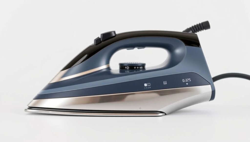 A detailed close-up shot of the key features of a high-quality steam iron, photographed against a clean, minimalist background. The iron is positioned in the center, showcasing its stainless steel soleplate, intuitive digital controls, and steam vents. Soft, directional lighting accentuates the sleek, modern design, with subtle reflections on the metal surfaces. The overall mood is one of precision, functionality, and premium quality, conveying the essential characteristics one would expect from the best steam iron in Singapore.
