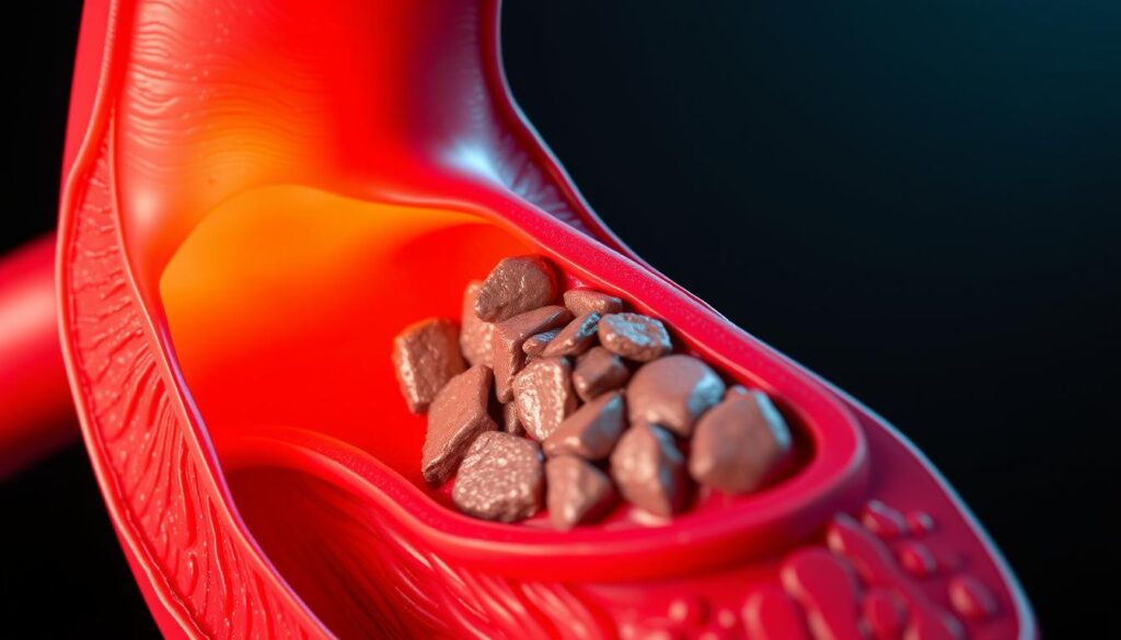A detailed cross-section of a human coronary artery, showcasing the characteristic plaque buildup and narrowing that is typical of coronary artery disease. The artery is depicted in a realistic, high-resolution 3D rendering, with a focus on the intimal layer where the atherosclerotic plaques have formed. The image should convey a sense of medical precision and clinical insight, allowing viewers to better understand this common heart condition in the context of Singapore's population. The lighting should be subdued and moody, with a cool, bluish tone to evoke a sense of seriousness and gravity. The camera angle should be slightly elevated, providing an angled, cutaway view that exposes the internal structure of the artery in a clear and informative manner. The overall composition should be balanced and visually striking, drawing the viewer's attention to the key anatomical features.