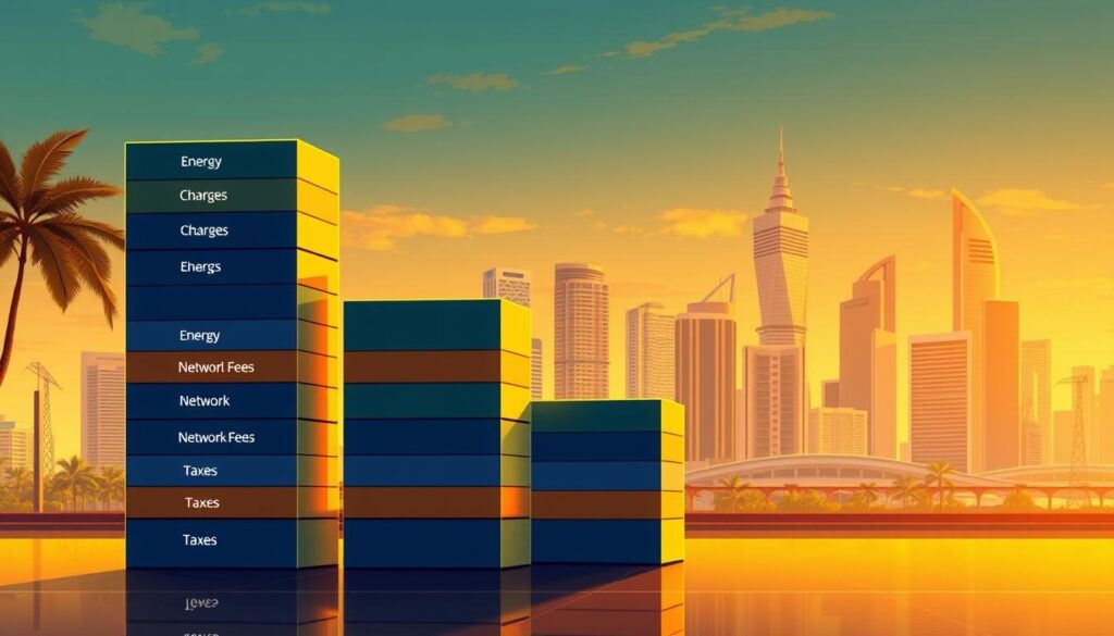 A detailed illustration of electricity tariffs in Singapore, depicted as a series of stacked bar charts against a backdrop of an urban skyline. The charts showcase the various components that make up the electricity bill, such as energy charges, network fees, and taxes, with clear delineation between each segment. The scene is illuminated by warm, golden lighting, reminiscent of the tropical climate, creating a sense of clarity and understanding. The composition is balanced, with the charts occupying the foreground, while the city skyline recedes into the distance, providing context and a sense of place. The overall mood is one of informative, yet visually appealing, presentation of the complex topic of electricity tariffs in Singapore.