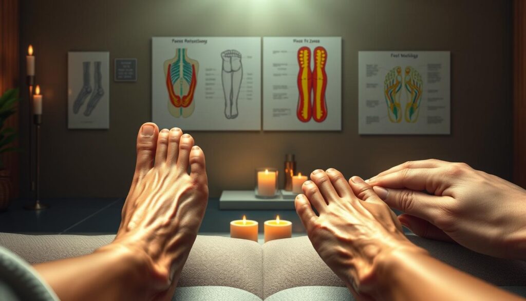 A detailed illustration showcasing the distinct techniques and effects of foot reflexology and foot massage. In the foreground, a pair of feet are depicted, one undergoing reflexology with finger pressure applied to specific points, the other receiving a traditional foot massage with kneading and stroking motions. The middle ground features anatomical diagrams highlighting the interconnected zones and meridians of the feet. The background depicts a serene, dimly lit spa-like environment with candles, soothing colors, and a sense of tranquility. The composition should emphasize the contrast and complementarity of these two therapeutic modalities. Realistic rendering with a photorealistic style, high detail, and a harmonious color palette.
