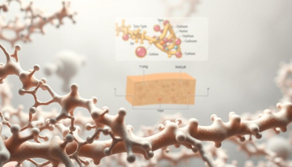 A detailed scientific illustration depicting the different types of collagen. In the foreground, a close-up view showcasing the molecular structures and fibrillar arrangements of type I, II, III, and IV collagen. The middle ground features a cross-sectional diagram highlighting the distribution and locations of these collagen varieties within various tissues and organs. In the background, a soft, muted color palette with subtle textures to create a sense of depth and scientific study. Crisp, high-resolution details with excellent depth of field, rendered in a clean, technical style to convey the complex and essential role of collagens in the human body.