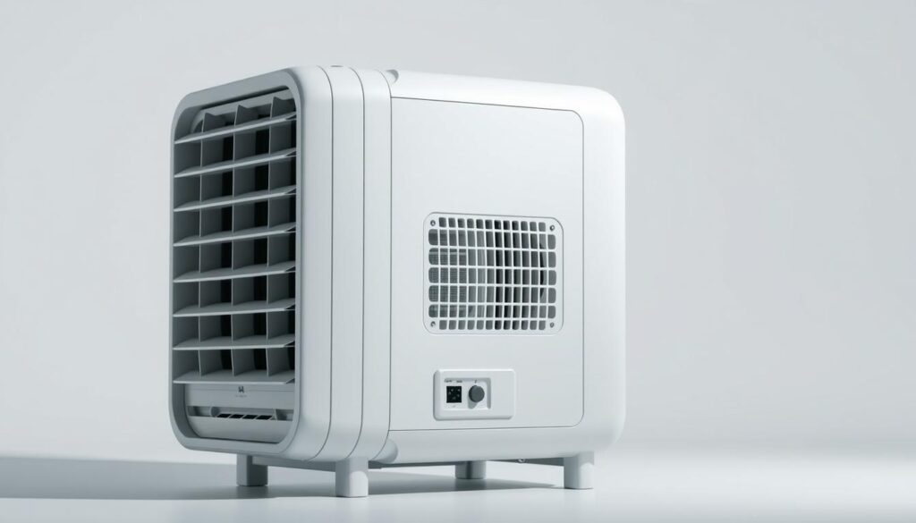 A detailed, well-lit view of a modern evaporative air cooler unit, showcasing its key components and internal mechanisms. The device is presented in a clean, minimalist setting, with a slight angle to highlight its sleek, contemporary design. The focus is on the device's front panel, revealing the distinctive water reservoir, air inlet vents, and control panel. The image conveys a sense of functional simplicity and efficiency, reflecting the cooling technology at the heart of this air cooling solution.
