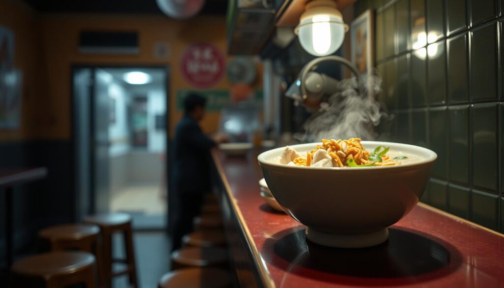A dimly lit, cozy diner with a counter and stools. On the counter, a steaming bowl of Teochew porridge, its white broth dotted with floating chunks of soft, tender fish and garnished with crispy fried shallots, crunchy peanuts, and vibrant green onions. The porridge's gentle warmth and comforting aroma fill the intimate space, inviting patrons to indulge in this late-night culinary delight. Soft, indirect lighting casts a gentle glow, creating a relaxed, nostalgic atmosphere. The scene evokes a sense of traditional Singaporean hospitality and the enduring appeal of this beloved Teochew delicacy.
