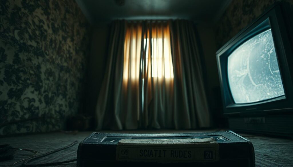 A dimly lit, decrepit room, the air heavy with dread. Shadows loom, flickering from an old television set, its static-filled screen the only source of light. Grimy, peeling wallpaper sets the ominous backdrop, while tattered curtains barely contain the eerie atmosphere. In the foreground, a weathered VHS tape lies, its label faded and foreboding. The scene is captured through a wide-angle lens, lending a sense of unease and claustrophobia. Dramatic chiaroscuro lighting heightens the sense of unease, casting dramatic shadows and highlights that convey the cursed, unsettling nature of the escape room.
