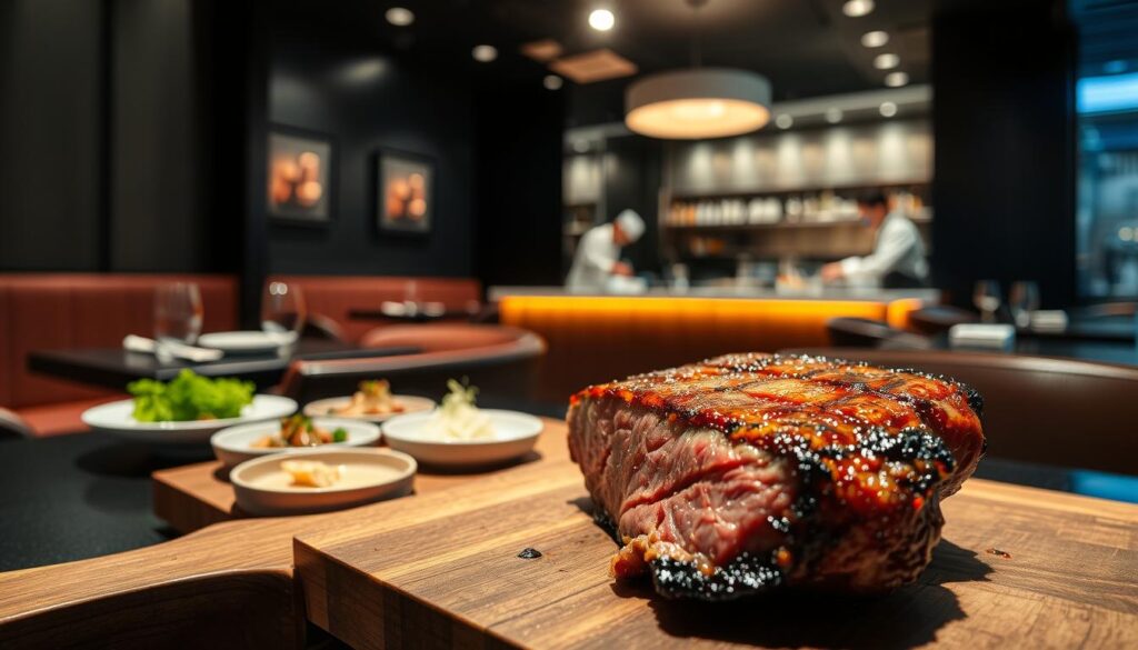 A dimly lit, elegant Korean steakhouse with a Michelin star. In the foreground, a perfectly seared steak, glistening with a caramelized crust, sits atop a wooden cutting board, accompanied by a selection of artfully plated side dishes. The middle ground features sleek, modern décor with minimalist furnishings and soft, ambient lighting, creating an intimate and refined atmosphere. In the background, a glimpse of an open kitchen, where skilled chefs meticulously prepare each dish. The scene is captured with a shallow depth of field, emphasizing the culinary focus and drawing the viewer's attention to the exquisite presentation of the food.
