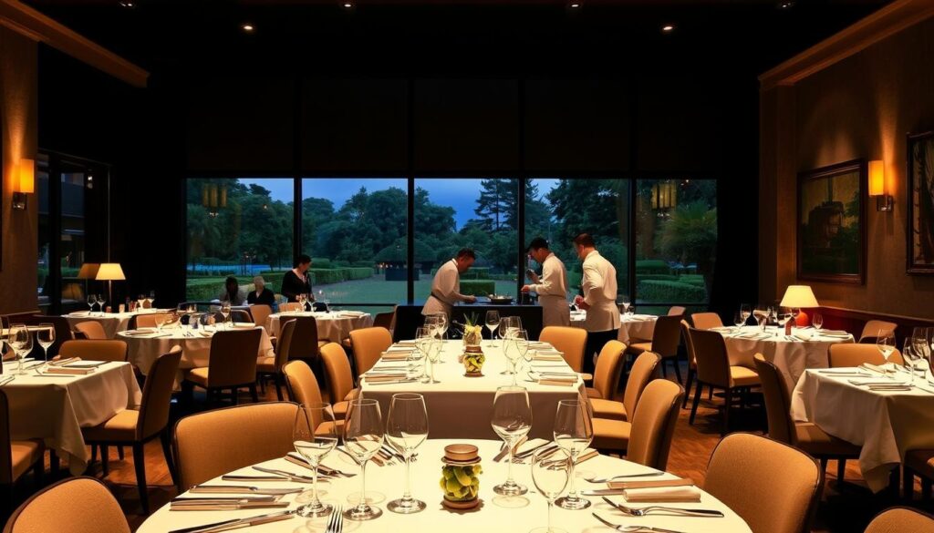 A dimly lit, elegant dining room with a panoramic view of a lush, manicured garden through floor-to-ceiling windows. Crisp white tablecloths, gleaming silverware, and delicate stemware adorn the tables, while soft, warm lighting casts a romantic glow throughout the space. In the center, a team of chefs in pristine uniforms meticulously plate exquisite dishes, their every movement executed with precision. The walls are adorned with subtle, tasteful artwork, and a discreet but attentive wait staff moves gracefully through the room, delivering each course with impeccable service. The overall atmosphere exudes an air of refined sophistication and culinary excellence, befitting a Michelin-starred establishment.