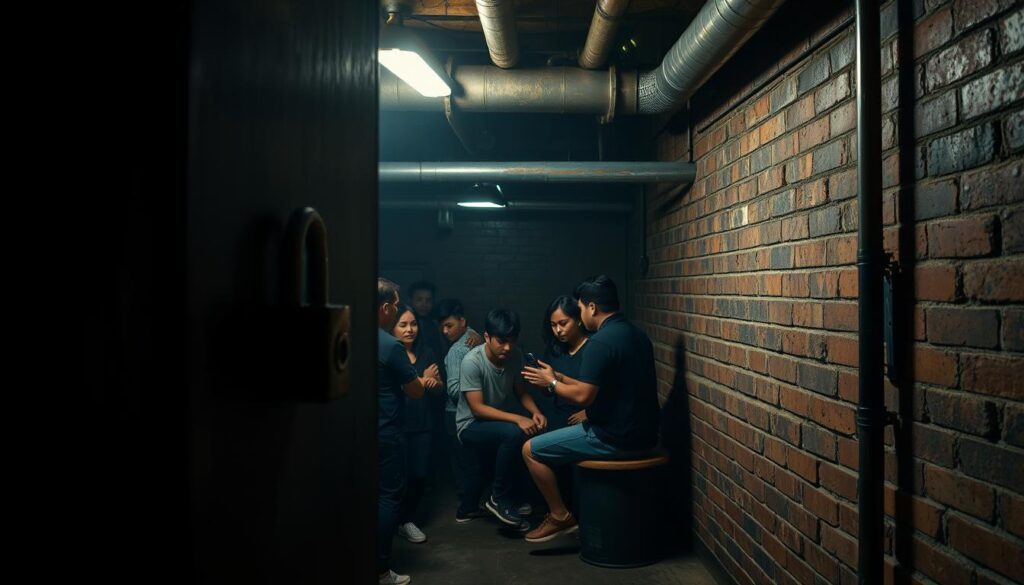 A dimly lit, industrial-chic escape room in Singapore's Lockdown.sg facility. The foreground features a mysterious, locked door with an intricate puzzle mechanism, inviting participants to solve the challenge. The middle ground showcases a team of players, brows furrowed in concentration, strategizing their next move. In the background, the space is adorned with gritty, weathered elements - exposed brick walls, metal pipes, and moody lighting that casts dramatic shadows, creating a palpable sense of tension and excitement. The overall atmosphere evokes a thrilling, high-stakes experience that embodies the pioneering spirit of escape room adventures in Singapore.