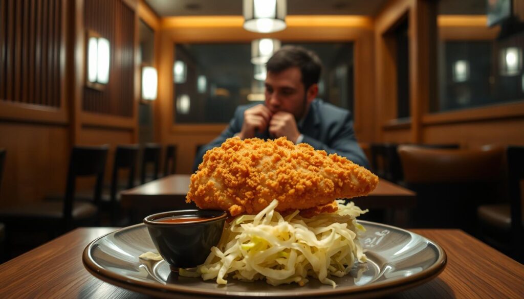 A dimly lit, intimate restaurant interior with natural wooden accents and soft lighting. In the foreground, a meticulously plated tonkatsu dish takes center stage - a golden-brown panko-crusted pork cutlet resting on a bed of shredded cabbage, accompanied by a small bowl of tangy tonkatsu sauce. The middle ground features a single diner, savoring the tender, juicy pork with a look of pure culinary delight. The background showcases the elegant, minimalist decor, creating a serene, refined ambiance befitting a tonkatsu purist's haven. The entire scene is captured with a shallow depth of field, emphasizing the focus on the star of the dish.