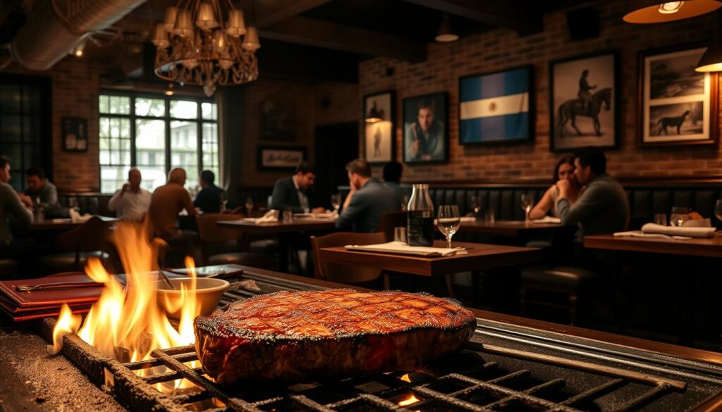 A dimly lit, rustic Argentinian steakhouse interior with warm, ambient lighting. In the foreground, a well-marbled steak sizzles on a charcoal grill, its aroma filling the air. Wooden tables and chairs surround the grill, with leather-bound menus and a selection of Malbec wines on display. In the middle ground, patrons converse animatedly, savoring their meals. The background features exposed brick walls adorned with Argentine flags and gaucho-inspired artwork, evoking the spirit of Buenos Aires. The overall atmosphere is one of relaxed sophistication, where the focus is on the quality of the meat and the convivial dining experience.
