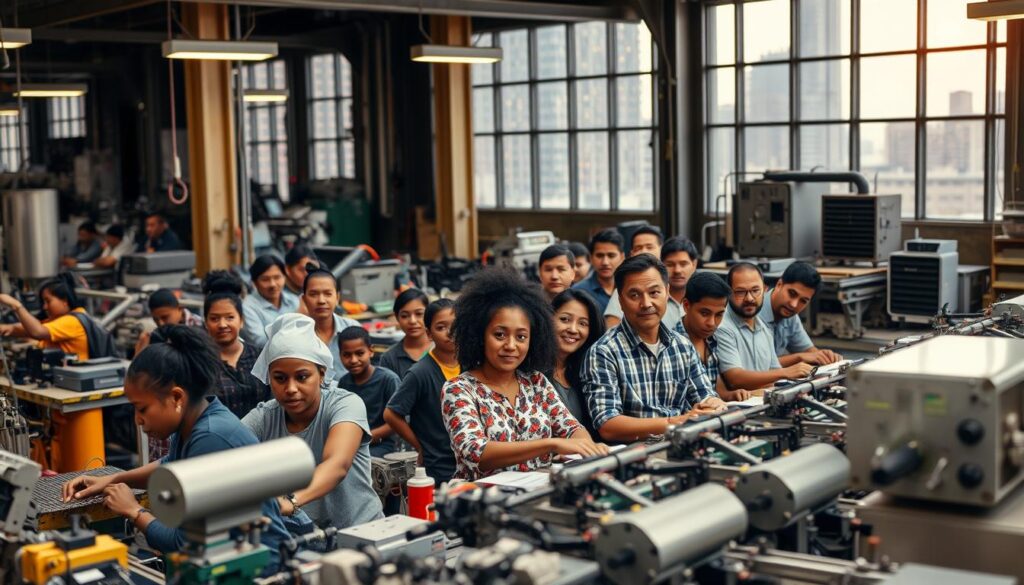 A diverse workforce in an urban industrial setting. A bustling factory floor with various machinery and equipment, illuminated by warm industrial lighting. In the foreground, workers of different ages, genders, and ethnicities collaborate on an assembly line, showcasing the company's commitment to inclusivity. In the middle ground, managers and supervisors oversee operations, their expressions thoughtful and engaged. In the background, tall windows offer glimpses of a vibrant cityscape, underscoring the company's integration within the broader community. The scene radiates a sense of productivity, innovation, and pride in the company's diverse talent pool.