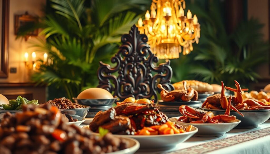 A festive Peranakan-style buffet table set against a warm, cozy atmosphere. In the foreground, an array of traditional Peranakan dishes, including beef rendang, ayam buah keluak, and spicy chilli crab. The middle ground features an ornately carved wood carving, casting soft shadows on the table. In the background, a backdrop of lush tropical foliage and a golden chandelier illuminating the scene, creating a sense of grandeur and celebration. The lighting is soft and inviting, accentuating the rich colors and textures of the Peranakan cuisine. The overall composition evokes the vibrant culture and flavors of a Peranakan Christmas celebration.