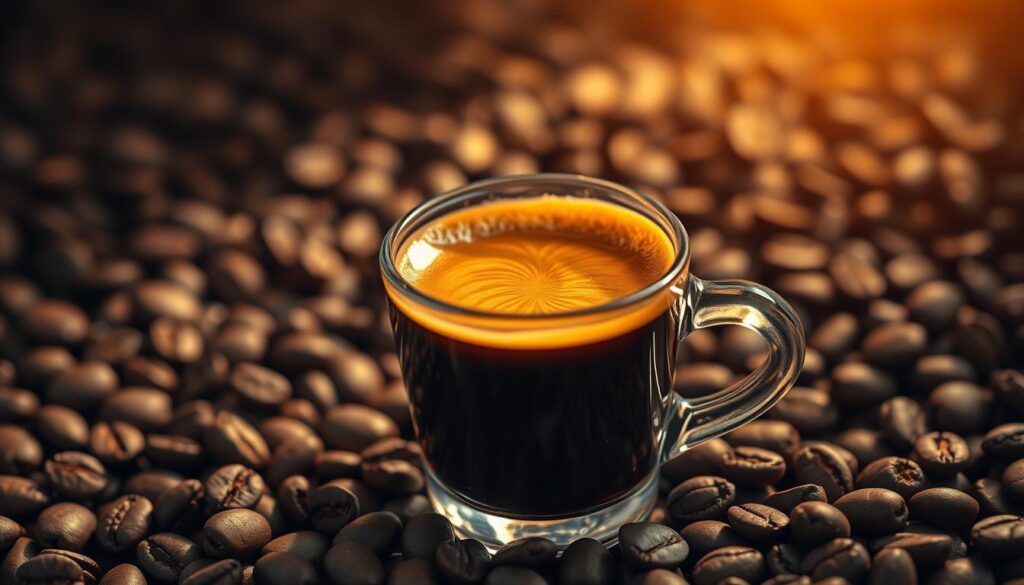 A freshly brewed espresso with its signature crema, served in a classic demitasse cup against a backdrop of dark roasted coffee beans. The lighting is warm and inviting, casting a golden glow on the scene. The image has a high-quality, professional look, with a shallow depth of field that focuses the viewer's attention on the exquisite details of the espresso - the intricate patterns in the crema, the rich, dark color of the liquid, and the delicate steam rising from the cup. The overall mood is one of refined elegance and the anticipation of a delightful coffee experience.