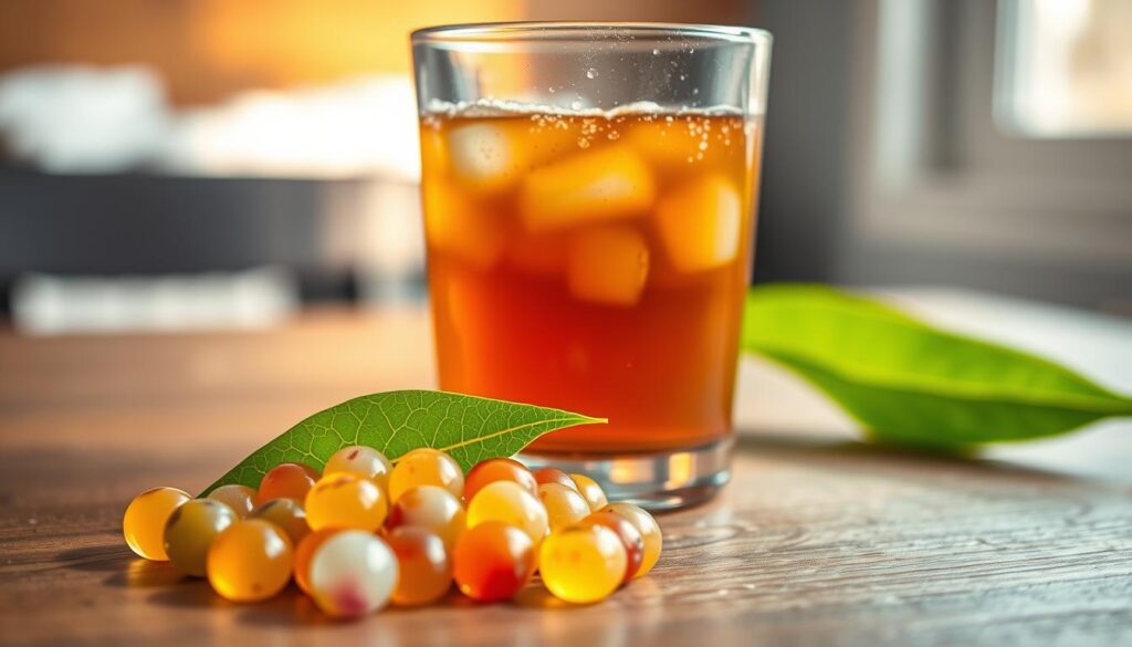 A glass filled with amber-colored kombucha, bubbling and effervescent, resting on a wooden table. In the foreground, a handful of colorful tapioca pearls float gracefully, their translucent orbs reflecting the light. The middle ground features a vibrant green tea leaf, its veins and curves captured in intricate detail. The background showcases a warm, soft-focus blur, evoking a cozy, inviting atmosphere. The image is bathed in gentle, natural lighting, creating a sense of warmth and tranquility. Captured with a shallow depth of field, the kombucha-based tea takes center stage, its complex flavors and healthful properties inviting the viewer to indulge in this unique and captivating beverage.