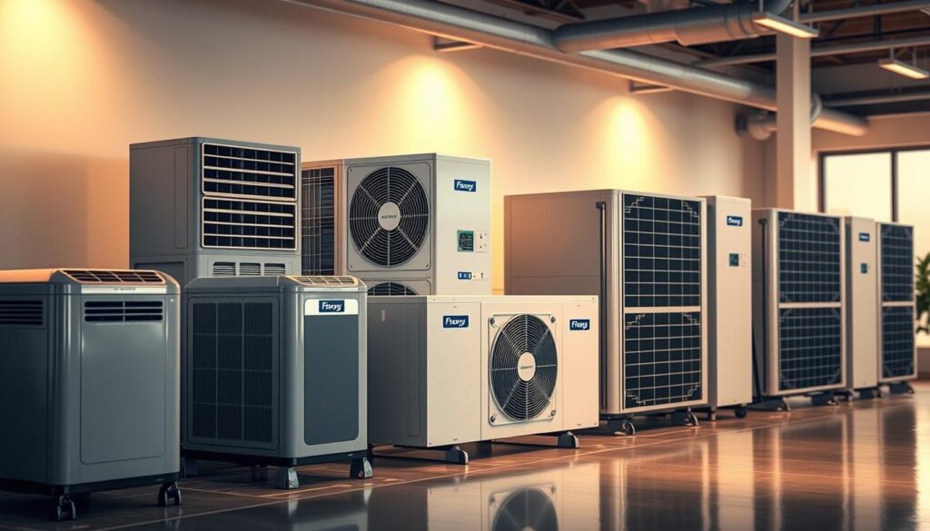 A gleaming array of energy-efficient cooling systems, showcasing sleek, modern air conditioners with advanced features. The foreground depicts the latest compressor-driven units, their streamlined designs and clean lines reflecting a commitment to efficiency. In the middle ground, innovative heat pump systems stand ready, their advanced heat exchange mechanisms harnessing renewable energy sources. The background features a softly-lit, minimalist interior, highlighting the seamless integration of these climate control solutions into the built environment. Warm, diffused lighting casts a gentle glow, conveying a sense of comfort and sustainability. A balanced composition accentuates the technological sophistication and environmental responsibility of these cutting-edge cooling systems.