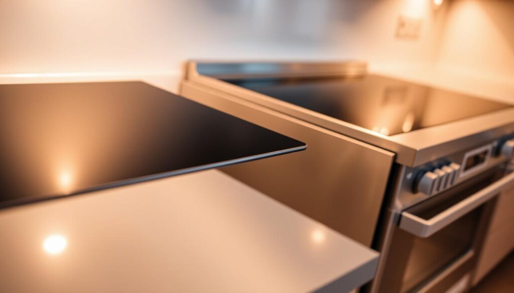 A gleaming induction hob and a sleek induction cooker stand side by side, their metallic surfaces reflecting the warm glow of the kitchen's recessed lighting. The hob, with its smooth, flat glass top, exudes a modern, minimalist aesthetic, while the cooker boasts a more traditional oven-and-stovetop design. The scene is captured from a slightly elevated angle, allowing the viewer to appreciate the contrasting forms and features of these two cooking appliances. The overall mood is one of clean, contemporary sophistication, highlighting the advanced technology and efficiency that defines the induction cooking experience.