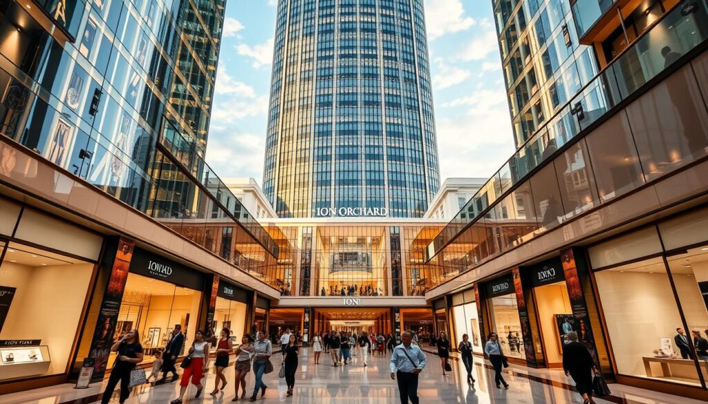 A grand and opulent luxury mall, ION Orchard, stands tall amidst the bustling heart of Singapore. The towering glass facade gleams in the afternoon sunlight, casting a warm glow over the surrounding streetscape. Elegant storefronts line the spacious walkways, inviting visitors to explore a curated selection of high-end fashion, jewelry, and lifestyle brands. Warm lighting accentuates the modern architectural details, creating an atmosphere of refined sophistication. Shoppers stroll leisurely, their reflections mirrored in the polished marble floors, as they soak in the luxurious ambiance of this premier shopping destination.