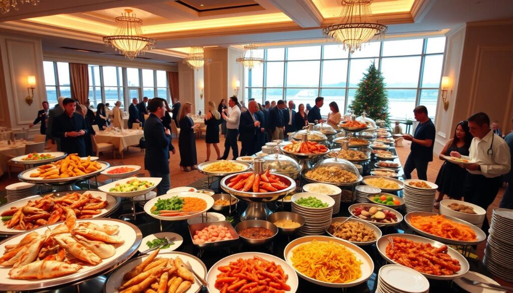 A grand buffet spread in a spacious, well-lit dining hall. In the foreground, an array of dishes showcasing an array of global cuisines - sizzling seafood, aromatic curries, colorful salads, and tempting desserts. The middle ground features guests milling about the lavish setup, plates in hand, engaged in lively conversation. The background reveals elegant decor, warm lighting, and floor-to-ceiling windows overlooking a picturesque waterfront view. The atmosphere exudes a festive, indulgent vibe, perfect for a Christmas celebration.