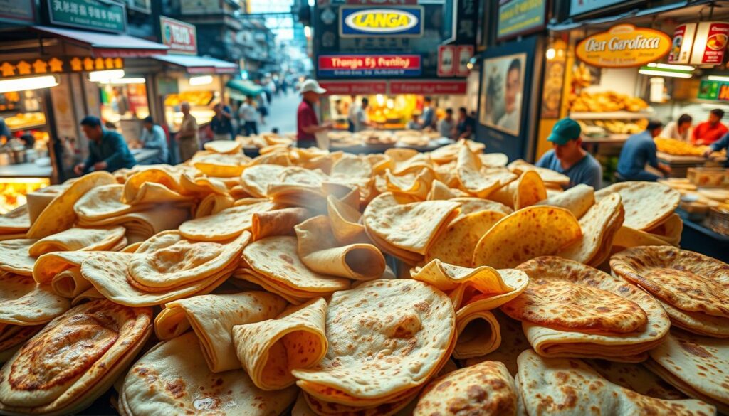 A grand culinary mosaic of Singapore's iconic roti prata, captured in a single frame. In the foreground, an array of prata variations - flaky, golden-brown delights, each with its own distinct regional flair. The middle ground showcases the skilled hands of prata maestros, deftly manipulating the dough into mesmerizing swirls and folds. In the background, a tapestry of vibrant cultural backdrops - bustling hawker centers, quaint neighborhood shops, and lively street scenes, each lending a unique ambiance to the quintessential prata experience. Soft, diffused lighting bathes the scene, creating a warm, inviting atmosphere that celebrates the rich diversity and beloved tradition of this Singaporean staple.