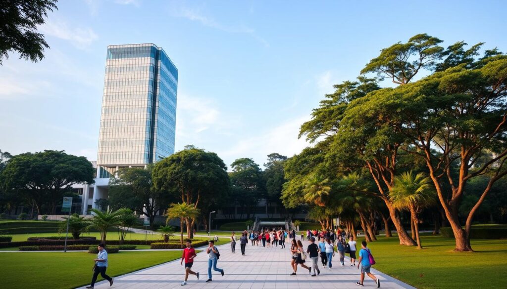 A grand, modern campus nestled amidst lush greenery, Ngee Ann Polytechnic stands tall as a beacon of academic excellence. The main building, a striking architectural masterpiece, rises up with its sleek glass façade and clean lines, reflecting the school's commitment to innovation and technology. In the foreground, students hurry across the meticulously manicured grounds, their energy and enthusiasm palpable. The middle ground showcases vibrant student life, with clusters of young minds engaged in lively discussions and collaborative projects. In the distance, the campus is framed by a backdrop of towering trees and a clear, azure sky, conveying a sense of tranquility and intellectual pursuit. Warm, diffused lighting bathes the scene, creating a welcoming and inspirational atmosphere.