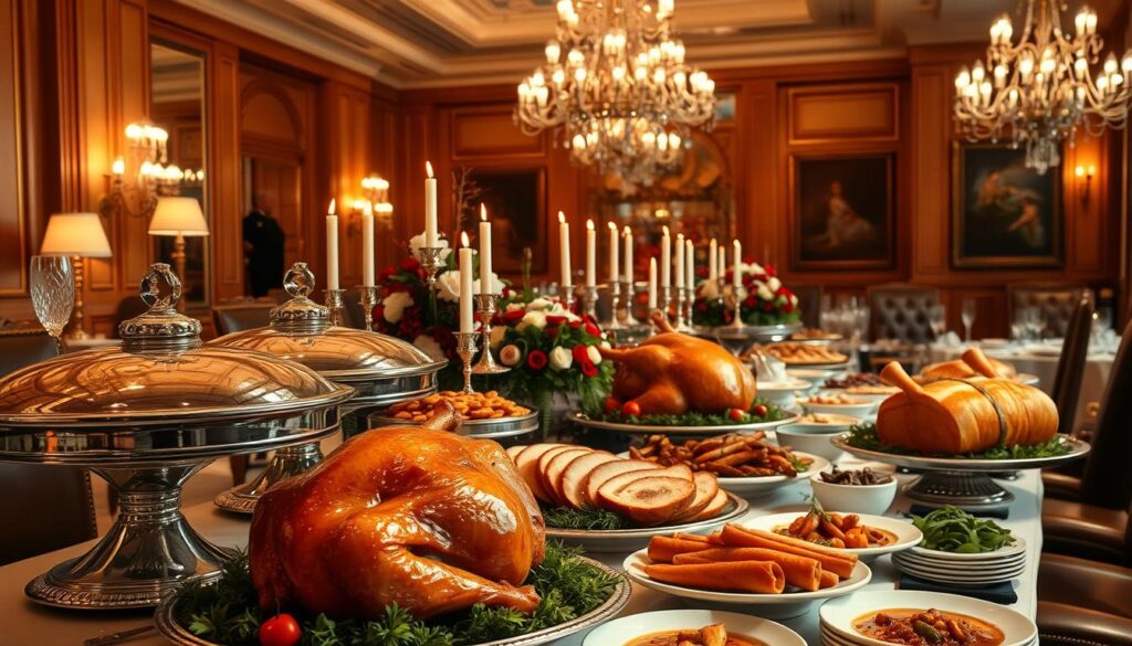 A grand, old-fashioned buffet table in a luxurious hotel dining room, adorned with gleaming silver trays and crystal glassware. The scene is bathed in warm, soft lighting, creating a cozy and intimate atmosphere. In the foreground, an array of delectable holiday dishes - roasted turkey with golden-brown skin, a spiral-cut ham glistening with a honey glaze, and a lavish spread of Christmas side dishes. The middle ground features elegant floral arrangements, tall candles, and sparkling table linens. In the background, ornate chandeliers hang from a high, decorative ceiling, and plush leather chairs surround the table, inviting guests to indulge in a leisurely, sophisticated dining experience. The overall mood evokes a sense of old-world charm and refined elegance, perfect for a festive Christmas celebration.