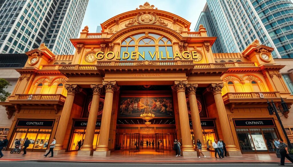 A grand, ornate facade of the Golden Village cinema complex at Suntec City, Singapore. The entrance is bathed in warm, golden light, creating a welcoming and luxurious atmosphere. Elegant columns and intricate architectural details adorn the front, hinting at the premium cinematic experience within. The building is set against a backdrop of modern skyscrapers, blending old-world grandeur with contemporary urban development. Shoppers and passersby populate the lively sidewalks, adding a sense of vibrancy to the scene. The composition is captured from a low angle, emphasizing the imposing scale and grandeur of the cinema's architecture.
