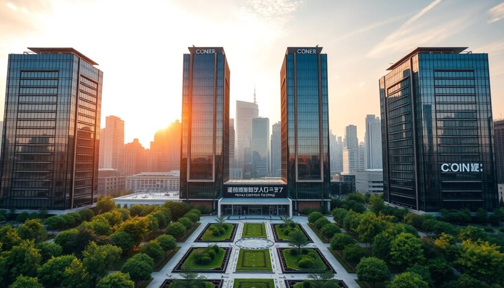 A grand, stately corporate campus set against a backdrop of a modern, vibrant city skyline. In the foreground, a group of sleek, high-rise office towers stand tall, their facades gleaming with glass and steel. Amid the buildings, neatly manicured gardens and walkways guide the viewer's gaze, hinting at the prestige and success of the top companies within. The sky above is bathed in a warm, golden light, casting a sense of prosperity and achievement. Elegant, minimalist signage adorns the structures, while discreet yet impactful branding underscores the renowned status of these leading enterprises. The overall scene conveys a compelling blend of power, innovation, and corporate excellence.