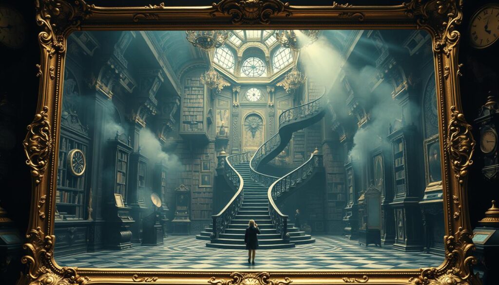 A grand, surreal escape room set within a captivating, fantastical art gallery. The foreground features an ornate, gilded frame that serves as the gateway to the experience, inviting visitors to step beyond the canvas. The middle ground showcases a sprawling, dreamlike interior, with towering bookshelves, floating staircases, and intricate, otherworldly mechanisms. The background is shrouded in a moody, atmospheric lighting, creating a sense of mystery and intrigue. Ornate details, such as antique clocks, mystical symbols, and hidden passages, hint at the challenges and puzzles that await the adventurous participants. The overall scene evokes a sense of curiosity, wonder, and the thrill of the unknown, perfectly capturing the essence of the "Castiglione 2.0: A Journey Beyond Canvas" experience.