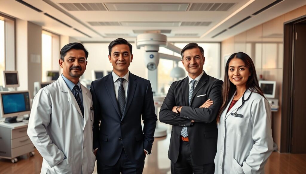 A group of distinguished-looking cardiologists standing tall and confident in a modern medical clinic. The foreground features three male and two female doctors dressed in crisp white coats, their faces exuding expertise and compassion. The middle ground showcases state-of-the-art medical equipment and technology, conveying the clinic's cutting-edge capabilities. The background depicts a sleek, minimalist interior with large windows bathing the scene in warm, natural light. The overall atmosphere radiates professionalism, innovation, and a deep commitment to patient care, perfectly encapsulating the essence of Singapore's top cardiologists.