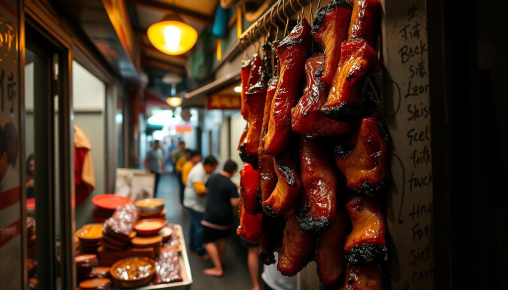 A hidden alleyway in a bustling Singapore neighborhood, dimly lit by warm overhead lamps. In the foreground, a modest storefront displays a tantalizing array of glistening char siew - thick slices of tender, caramelized pork glistening with a sweet and savory glaze. The middle ground reveals a small, intimate dining area where locals huddle over steaming plates, savoring every bite. In the background, the hum of activity on the main street contrasts with the tranquil ambiance of this tucked-away gem, a secret haven for the city's true char siew aficionados.