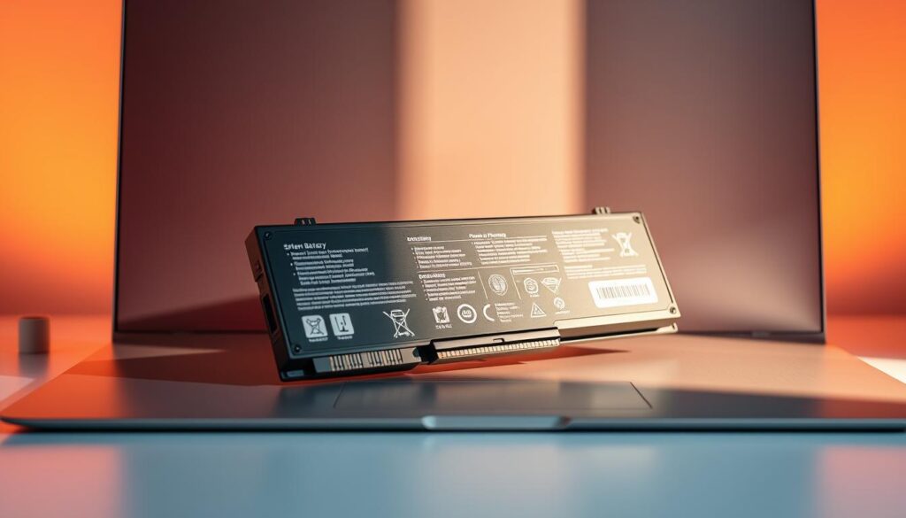 A high-performance laptop battery displayed prominently, with intricate circuitry and visual indicators showcasing its power capacity and efficiency. The battery is set against a sleek, minimalist backdrop, illuminated by warm, directional lighting that casts subtle shadows, emphasizing the device's premium design and engineering. The overall composition conveys a sense of power, reliability, and technological sophistication, perfectly aligning with the article's focus on the importance of choosing the best laptop for modern computing needs.
