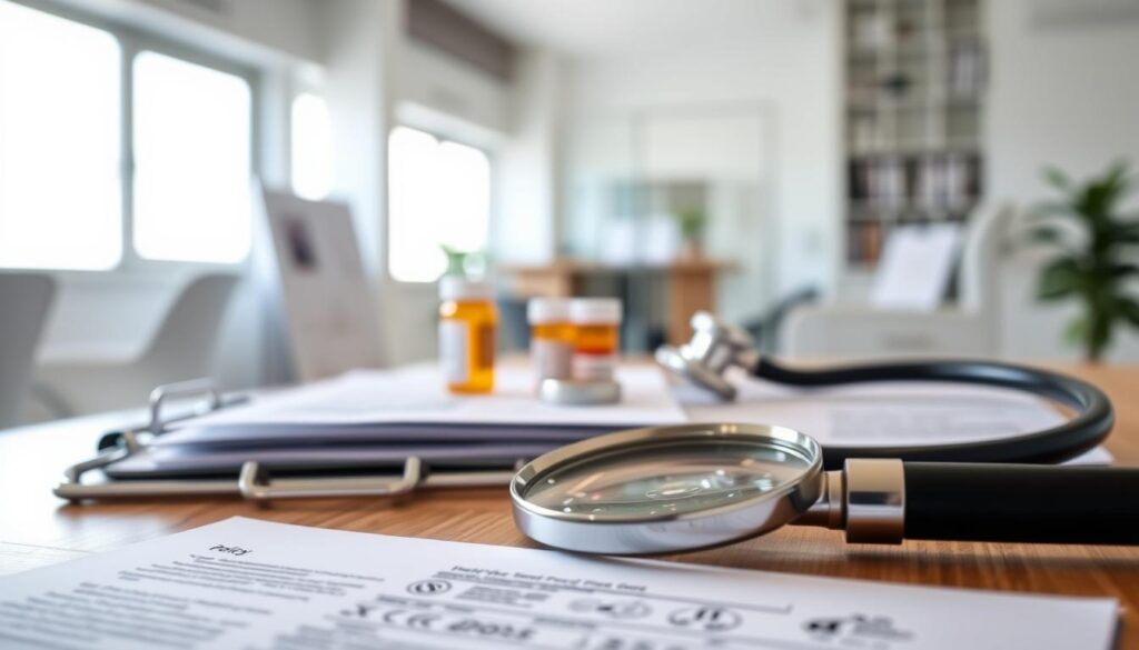A high-quality critical illness insurance policy in Singapore, featuring a close-up of medical documents and paperwork on a wooden desk. The foreground shows a magnifying glass examining small print, conveying the importance of understanding policy details. The middle ground has a stethoscope and prescription bottles, symbolizing the healthcare aspects. The background is a softly blurred medical facility, with clean white walls and bright lighting, evoking a sense of professionalism and security. The overall mood is one of careful consideration and attention to detail when selecting the right critical illness coverage.